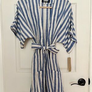 REFORMATION Striped Kimono Sleeve Tie-Waist Linen Dress in Blue & White Size 8